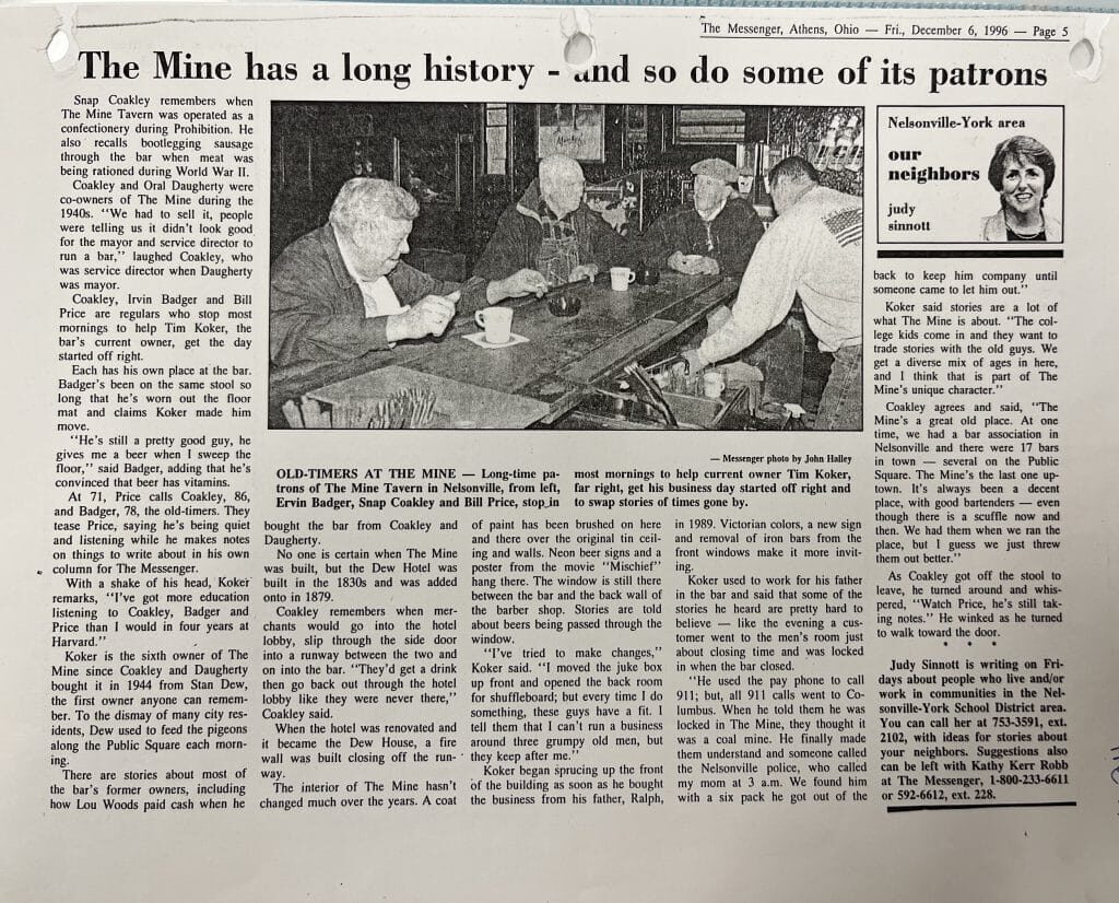 Newspaper clipping from the Dec. 6, 1996 issue of The Athens Messenger, with a headline reading "The Mine has a long history - and so do some of its patrons." The article features a black and white photo of four longtime patrons around the bar.