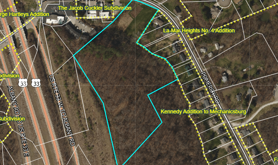 An aerial view of the proposed Pomeroy Landing site.