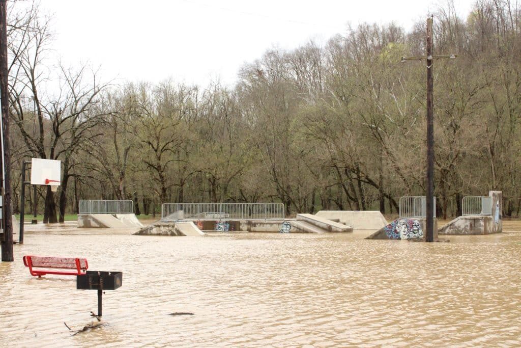 Skate ramps are swallowed by flood water.