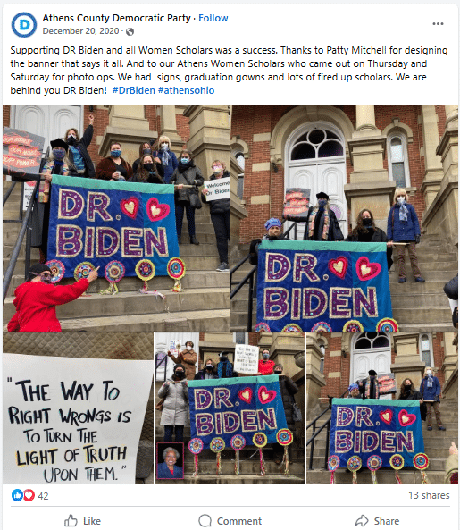 A Facebook post by the Athens County Democratic Party thanks Passion Works Executive Director Patty Mitchell for a 2020 banner celebrating then-First Lady Jill Biden. The banner is one of at least four Mitchell has made for the party over the years, and it mirrors the studio’s style.