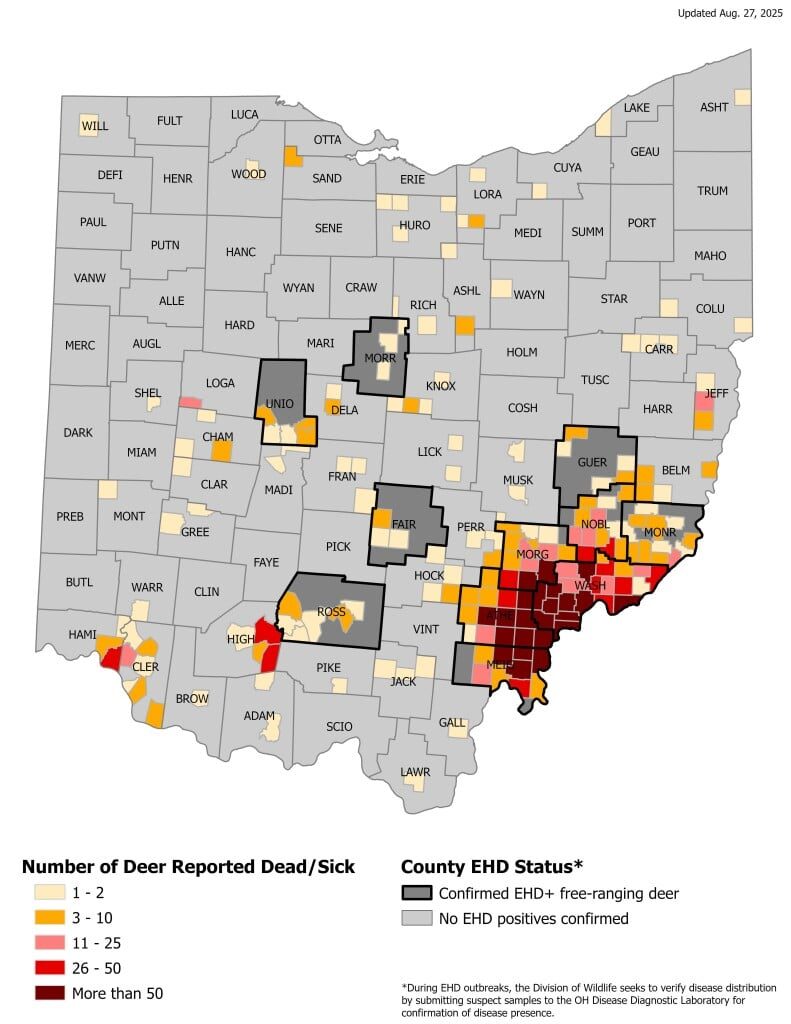 Map of Ohio with EHD outbreaks noted