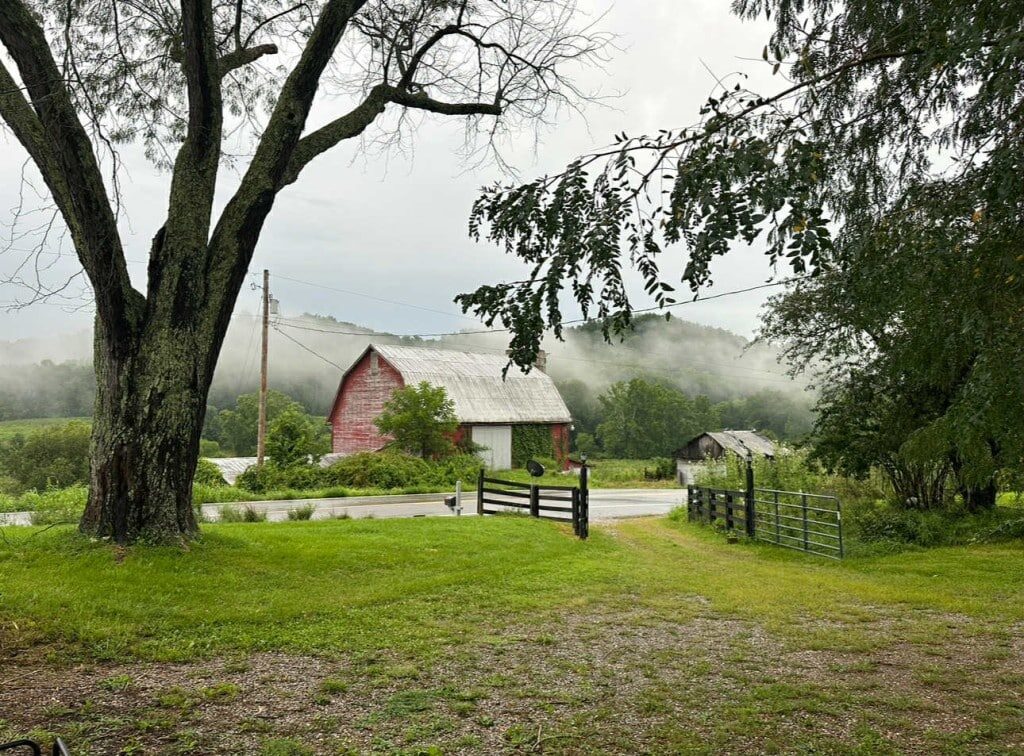A view of a barn across a road, surrounded by fog.