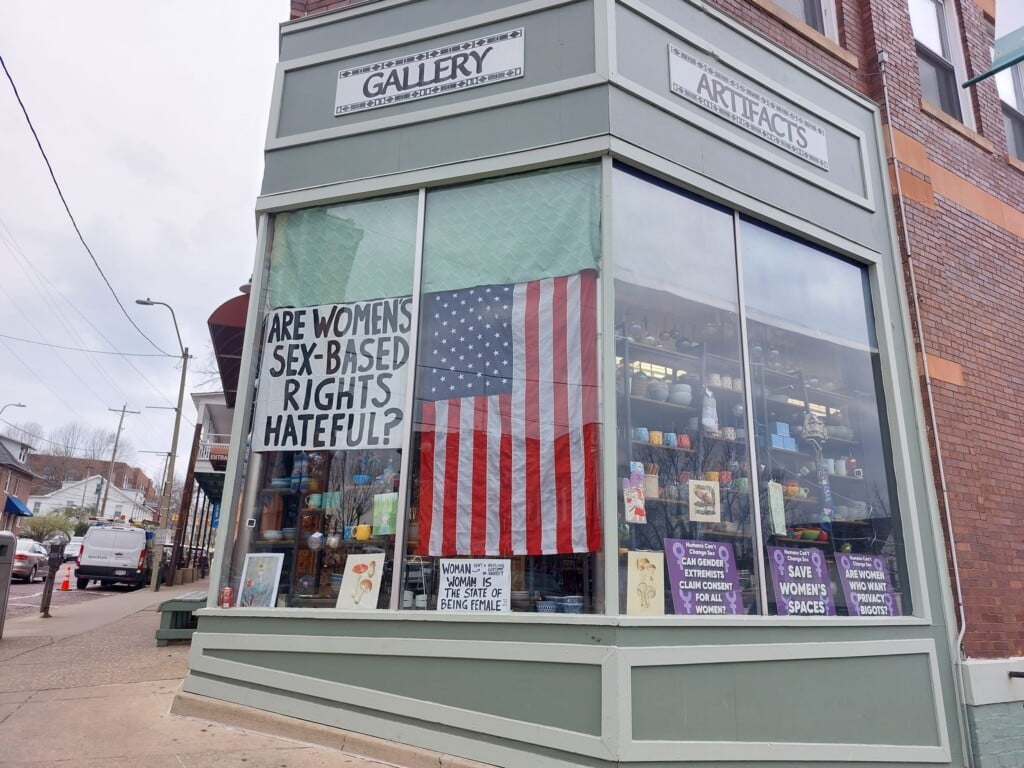 Artifacts Gallery storefront featuring signage and an American flag.