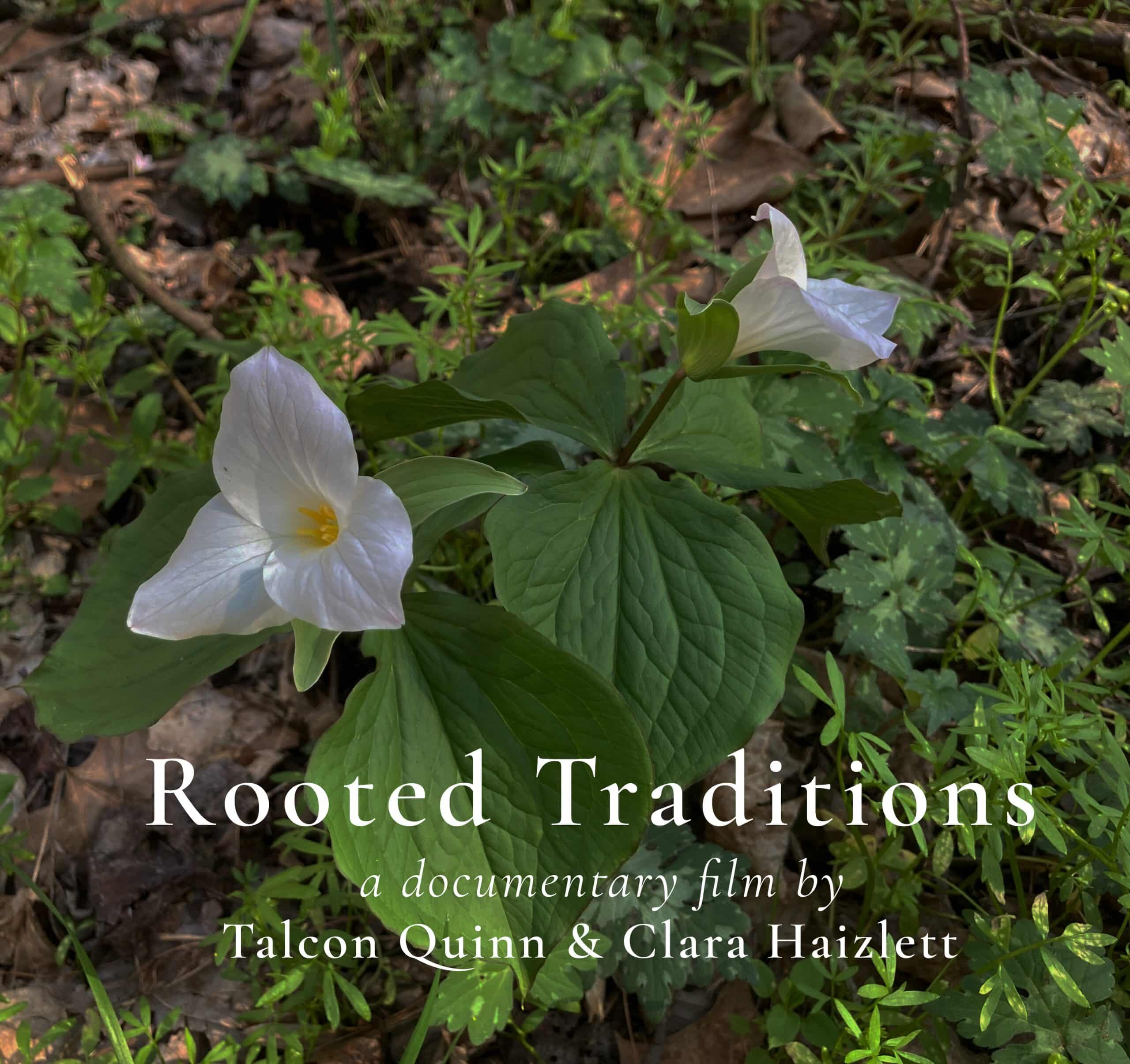 Two white trilliums in bloom with overlayed white text on its green leaves, that states "Rooted Traditions a documentary film by Talcon Quinn & Clara Haizlett".