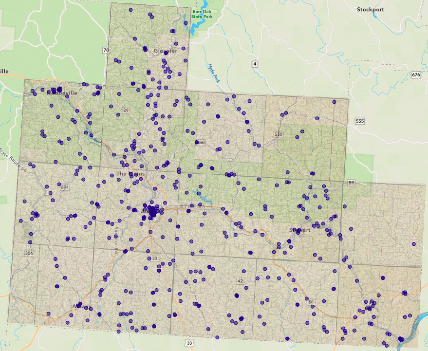 Map of historical sites in Athens County