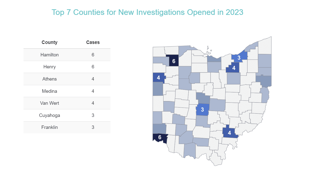 A map showing four Ohio Ethics Commission investigations opened in 2023.