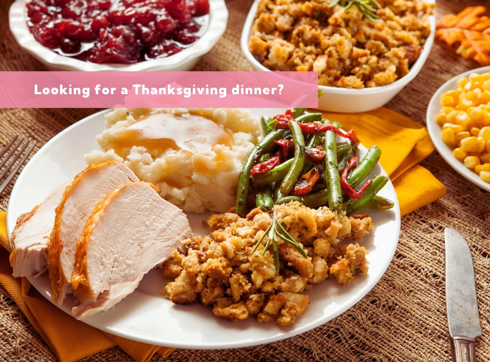 A traditional Thanksgiving feast with text overlay.