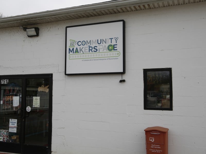 The sign on the exterior of the Community Makerspace.