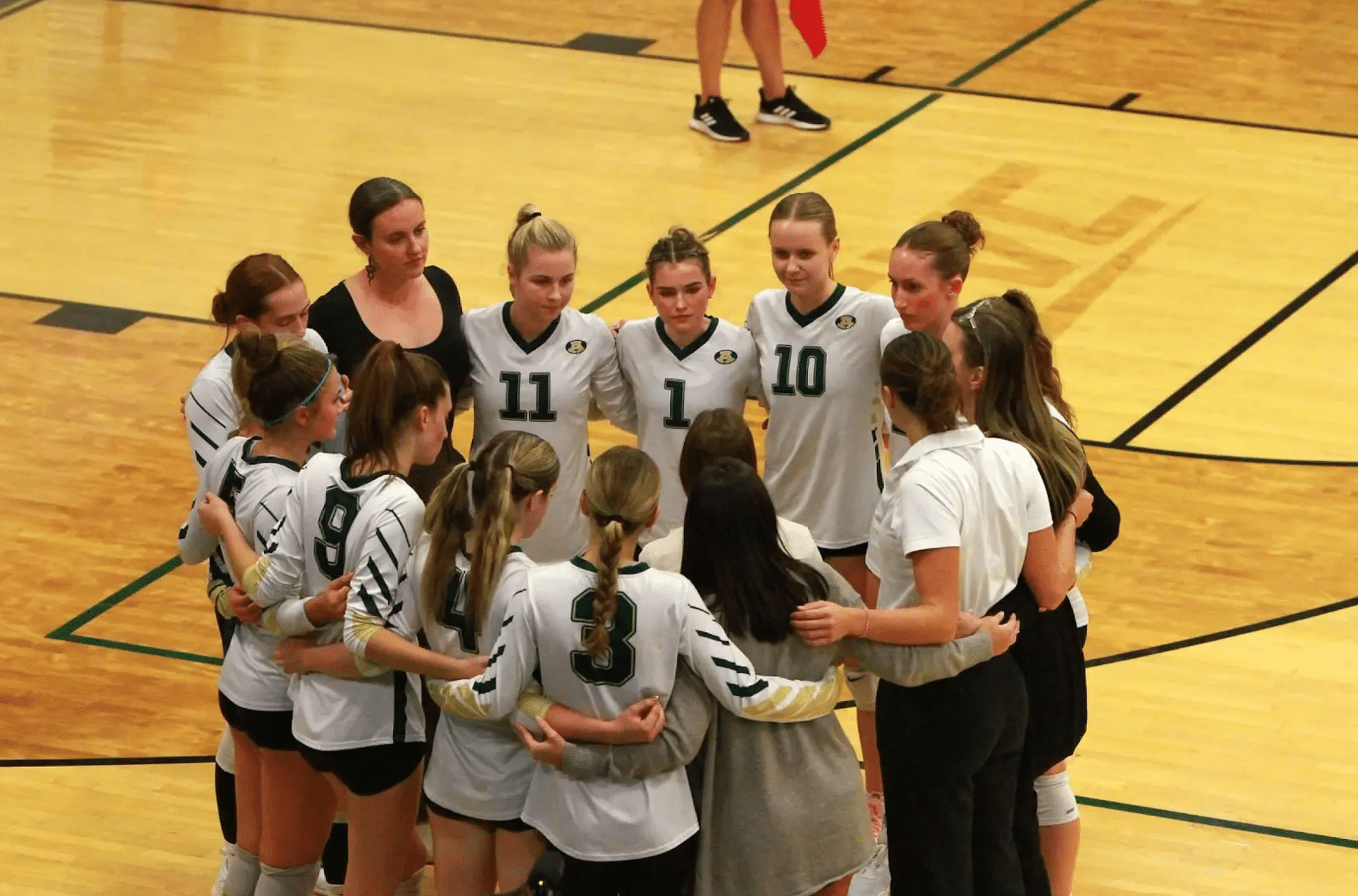 Group of volleyball players stand in a circle.