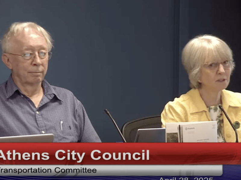 Jeffrey Risner and Solveig Spjeldnes discussing street paving on April 28, 2025.