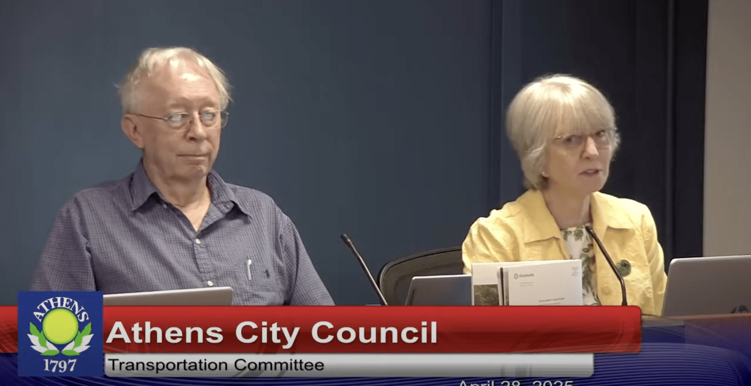 Jeffrey Risner and Solveig Spjeldnes discussing street paving on April 28, 2025.