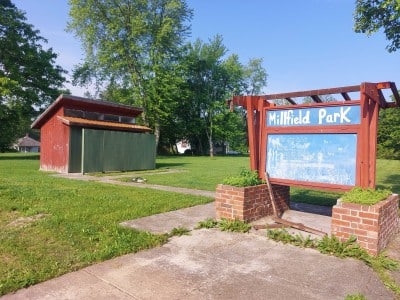 Image of bathrooms and sign at the Millfield Park.