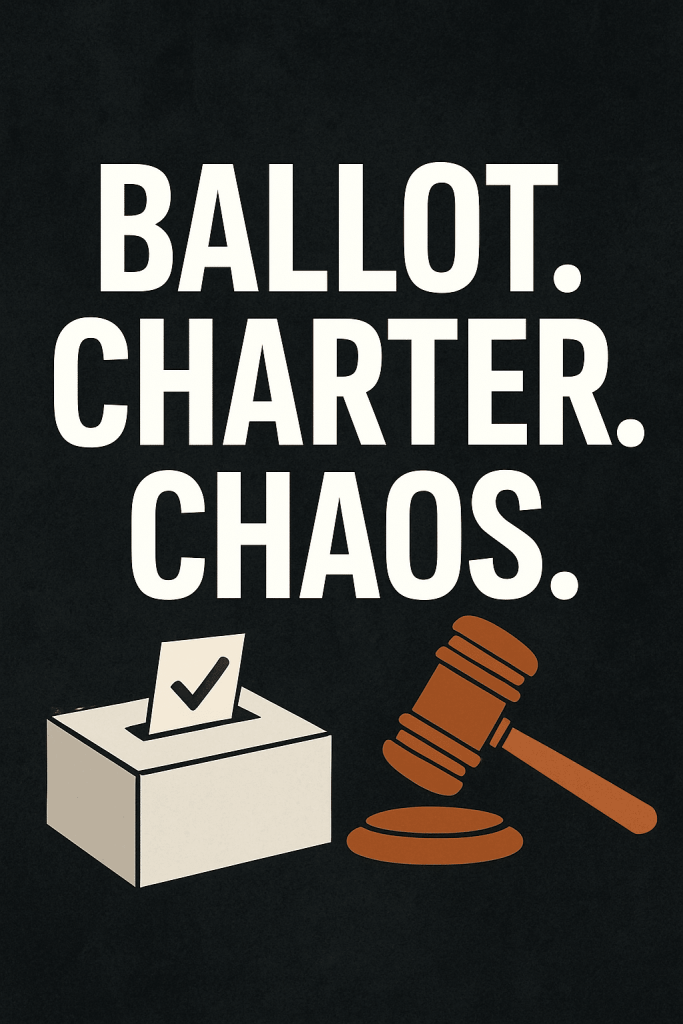 Image with text that says "Ballot. Charter. Chaos." featuring a gavel and ballot box.