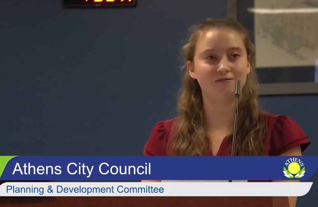 Screenshot of Megan Benjamin speaking before Athens City Council.