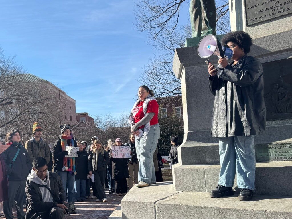 AJ Jones, founder of the Black Panther Party Legacy organization at OUY, reads to demonstrators on the College Green on Jan. 23, 2026.