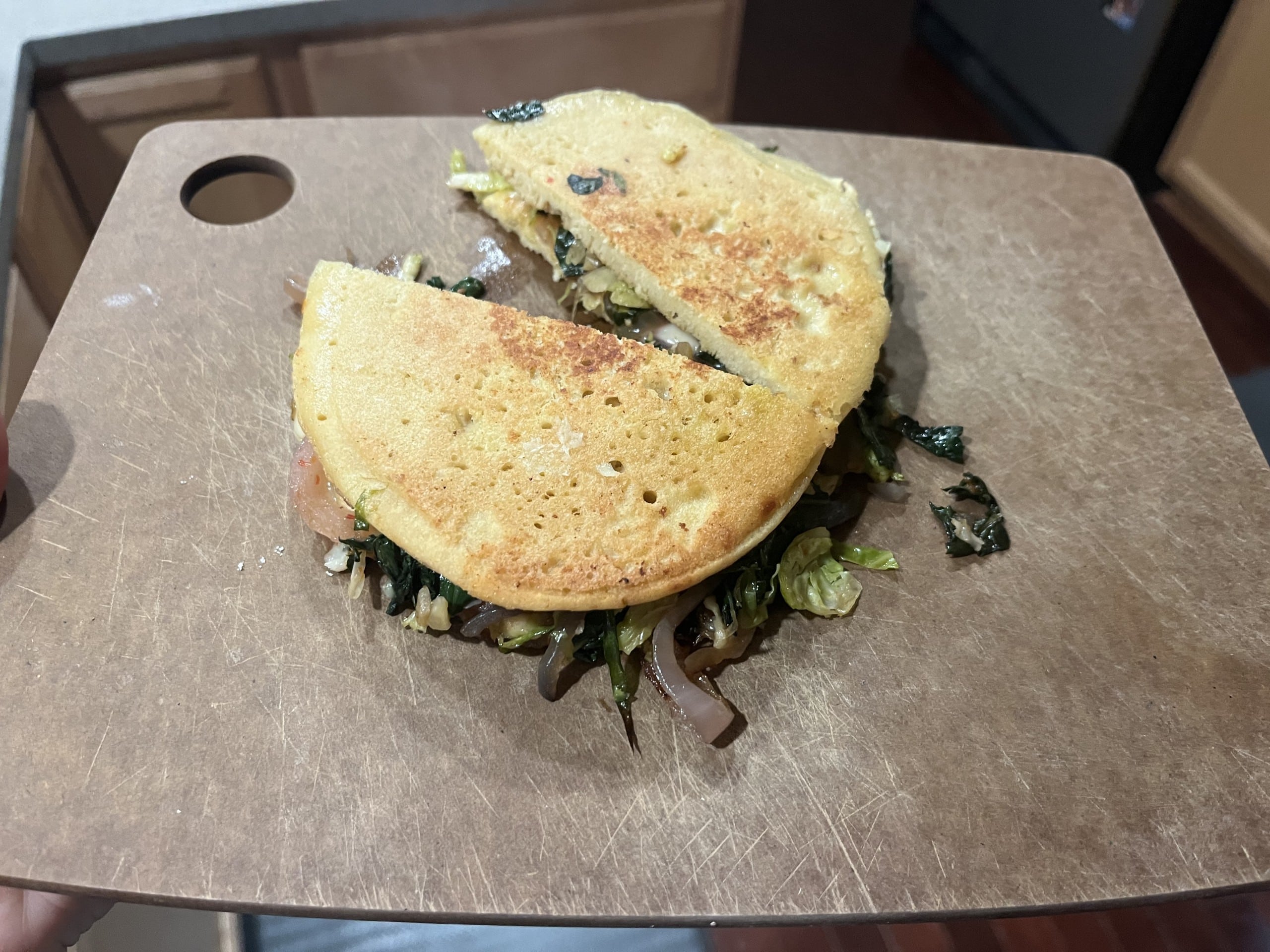 Home, Cooking: Greens Sandwich with Chickpea Pancakes