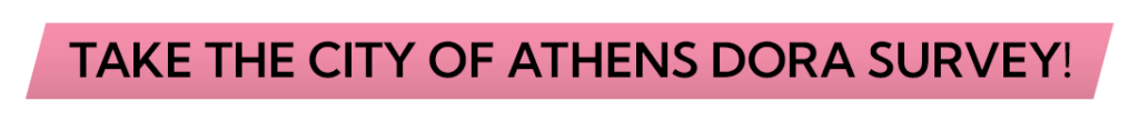 An image with text that states "Take the city of Athens DORA survey." Image is hyperlinked to the survey.