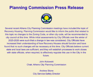Athens Planning Commission press release on recovery housing