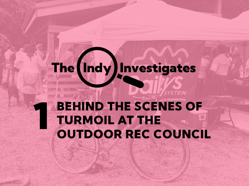 Text overlaid atop a photo of bikes and a banner afvertising the Baileys Trail System. A headline reads, "The Indy Investigates" with a sub-hed reading "1. Behind the scenes of turmoil at the outdoor rec council."