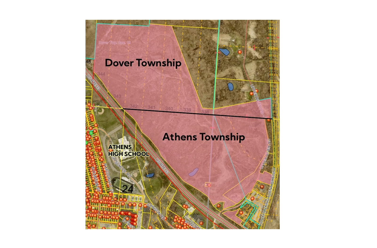 A property map divided between Athens Township and Dover Township
