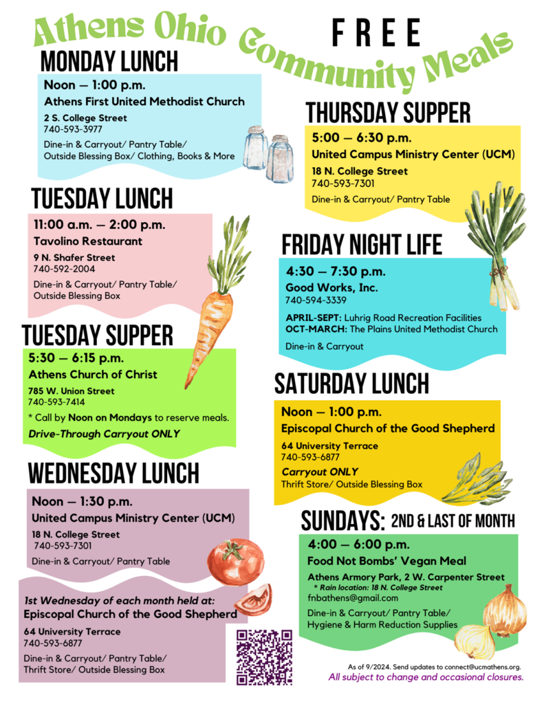 A flyer showing where free meals are available in Athens